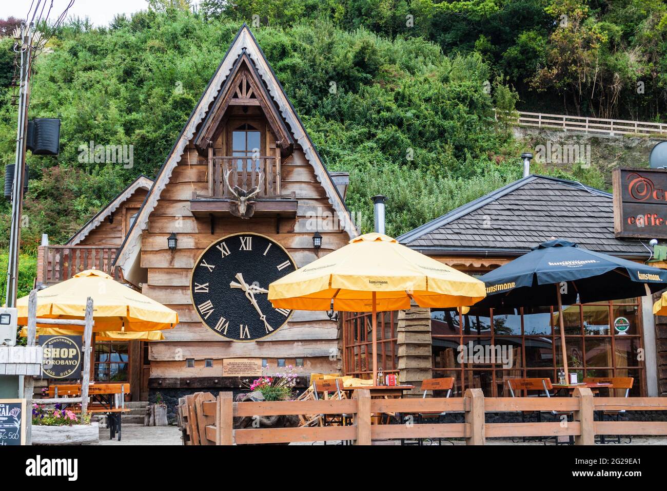 FRUTILLAR, CHILE - MARCH 1, 2015: Restaurant in Alp style in Frutillar village. The region is known for strong population of german immigrants. Stock Photo