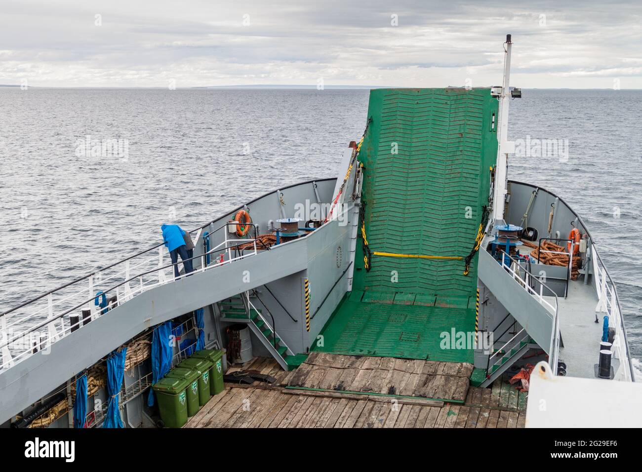 PUNTA ARENAS, CHILE - MARCH 4, 2015: Ferry Melinka heading to Penguin colony on Isla Magdalena island in Magellan Strait, Chile Stock Photo