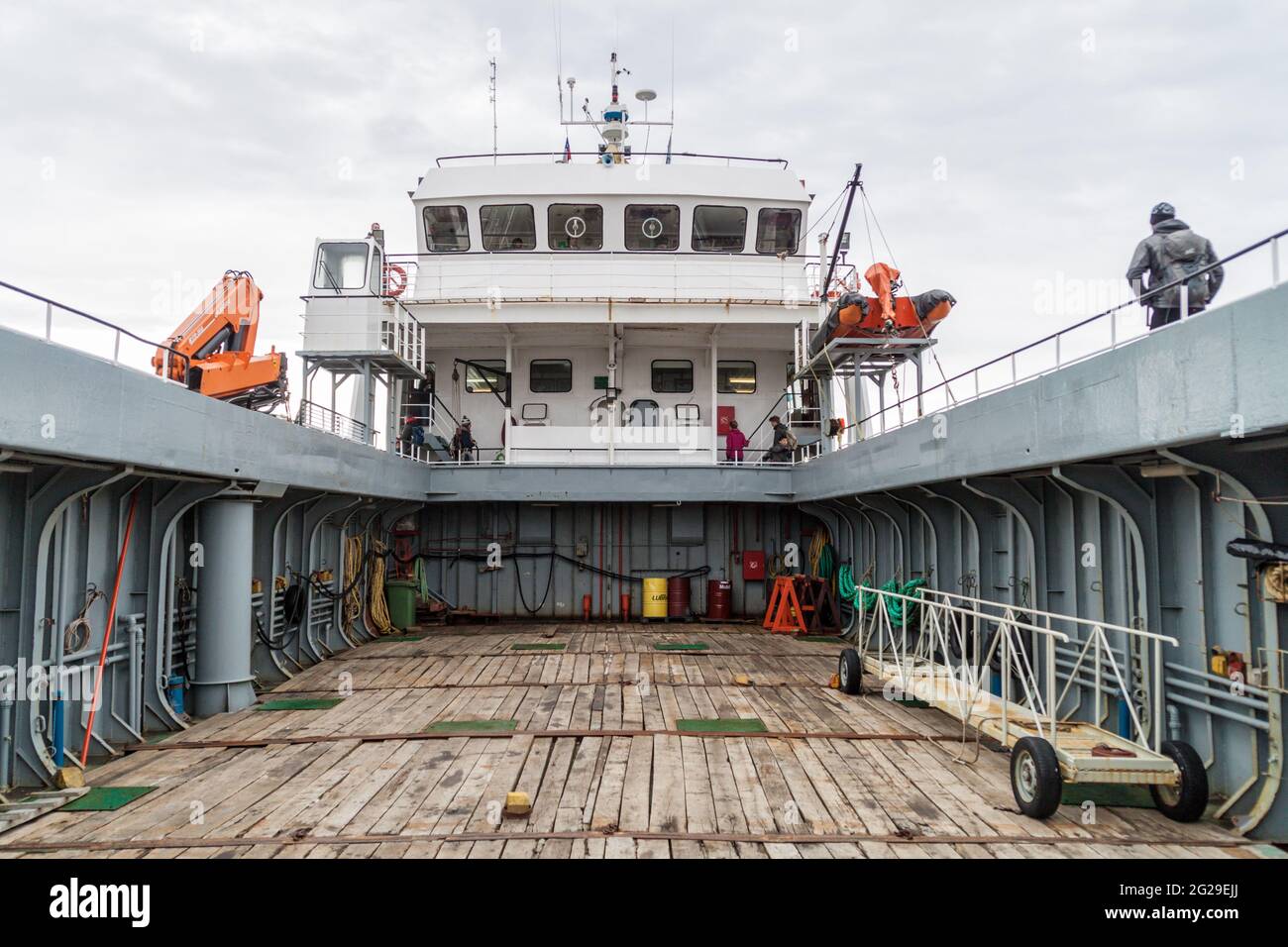 PUNTA ARENAS, CHILE - MARCH 4, 2015: Ferry Melinka leaving Penguin colony on Isla Magdalena island in Magellan Strait, Chile Stock Photo