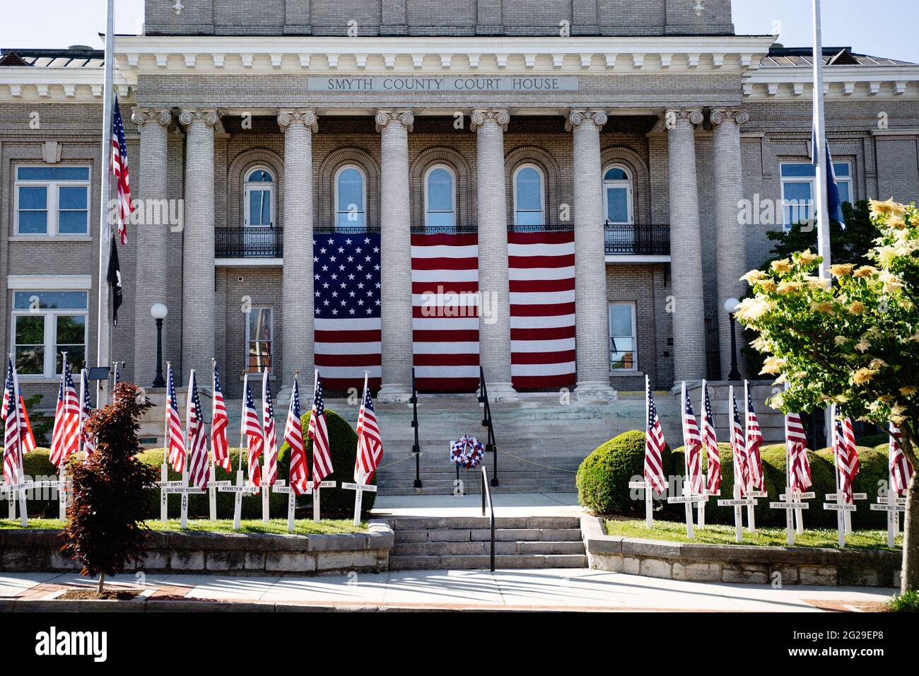 Smyth County Courthouse decorated for Memorial Day in Marion, Virginia. Stock Photo