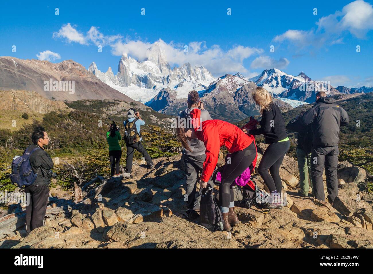 EL CHALTEN, ARGENTINA - MARCH 11, 2015: Tourist watch Fitz Roy mountain in National Park Los Glaciares, Patagonia, Argentina Stock Photo