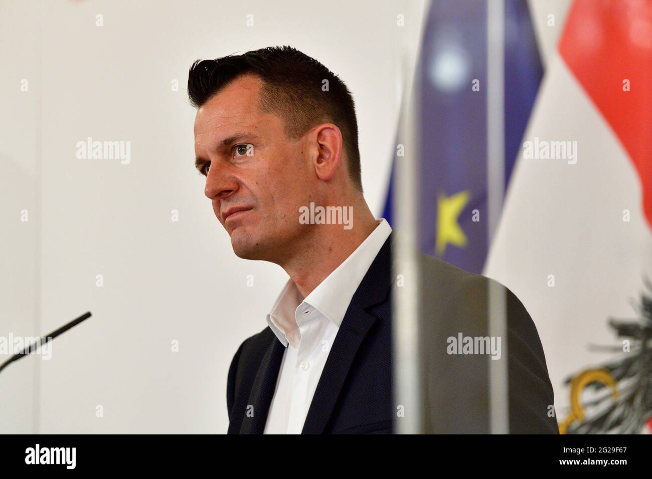 Vienna, Austria. 9th June, 2021. Press foyer after the Council of Ministers with Minister of Health Wolfgang Mückstein. Stock Photo