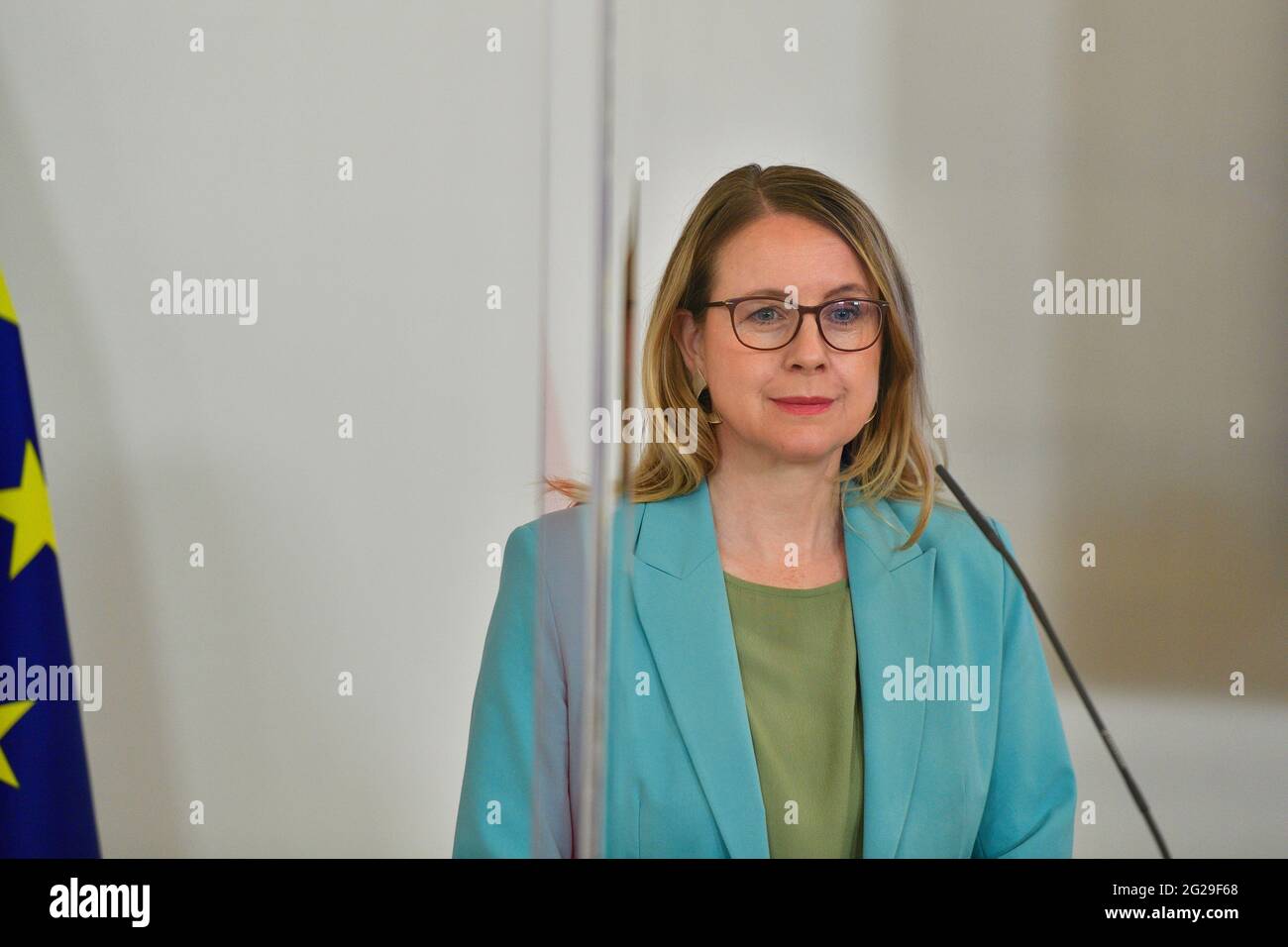 Vienna, Austria. 9th June, 2021. Press foyer after the Council of Ministers with Margarete Schramböck, Federal Minister for Digitization and Business Location. Stock Photo