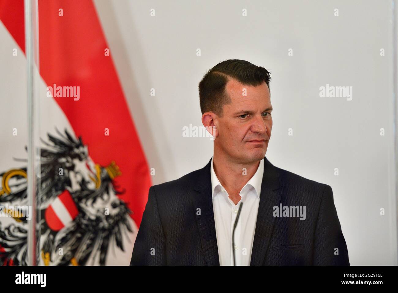 Vienna, Austria. 9th June, 2021. Press foyer after the Council of Ministers with Minister of Health Wolfgang Mückstein. Stock Photo