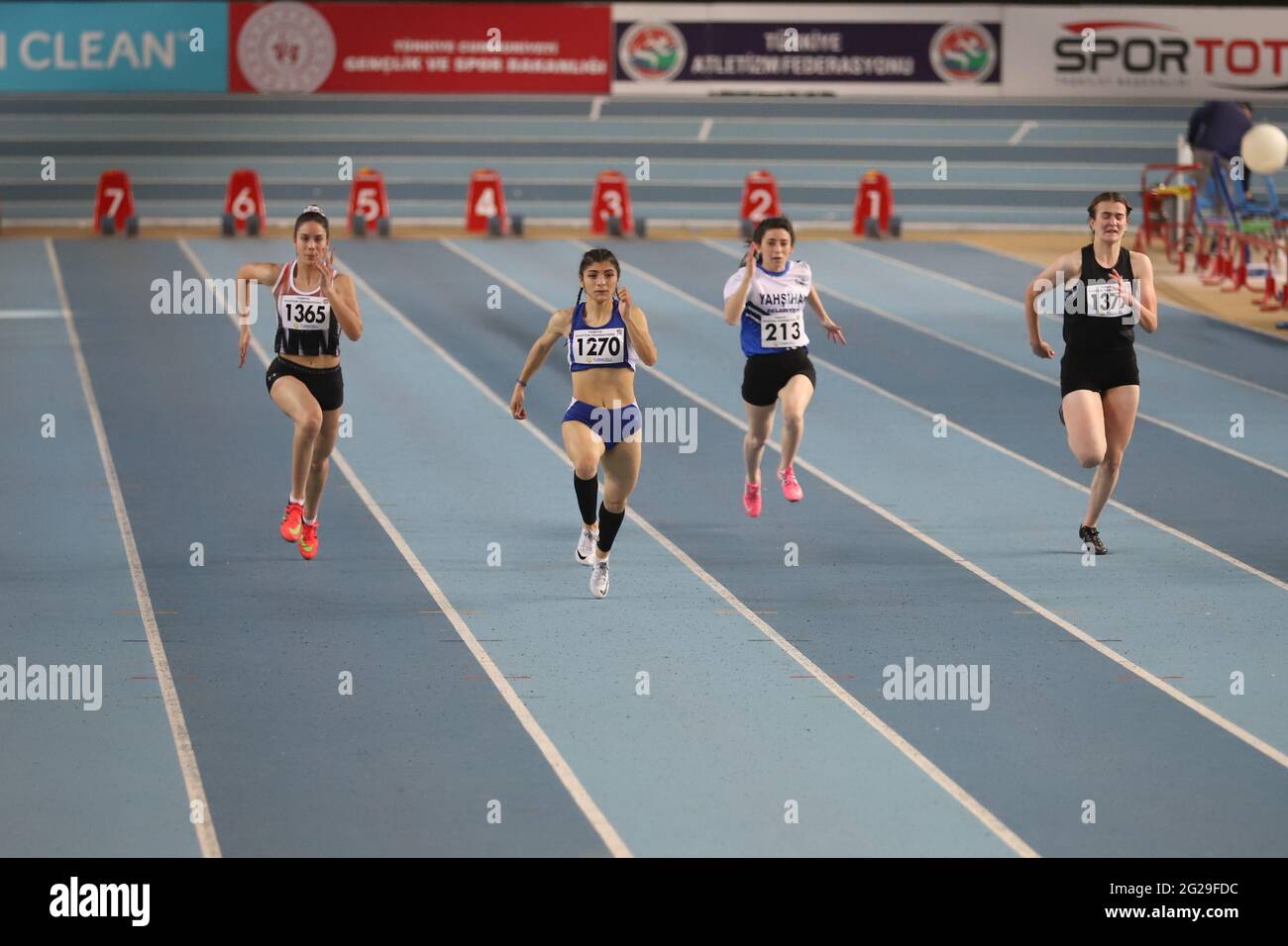 ISTANBUL, TURKEY - MARCH 14, 2021: Athletes running 60 metres during  Turkish Athletic Federation Municipalities Indoor Athletics Championships  Stock Photo - Alamy