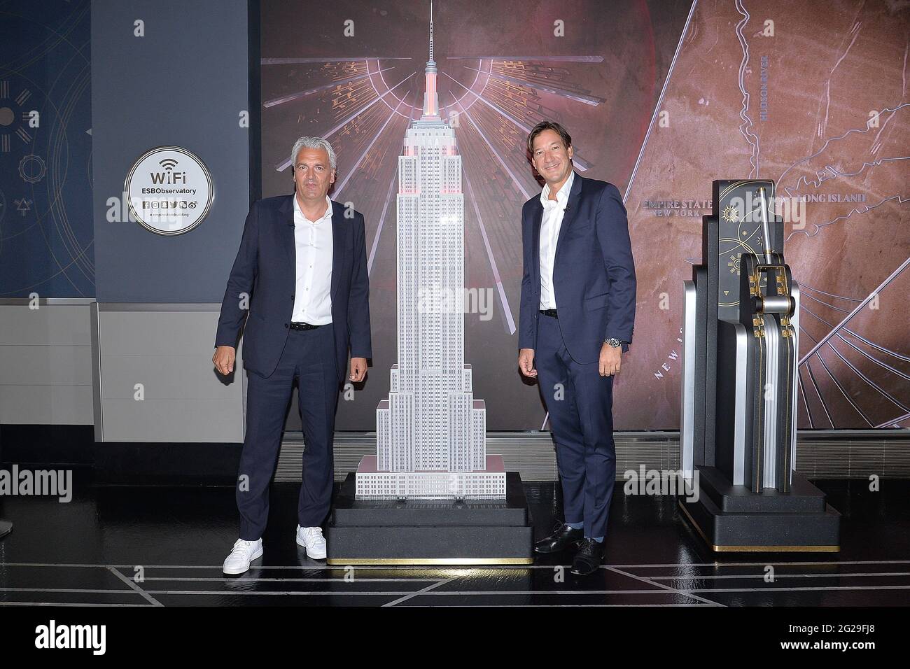 New York, USA. 09th June, 2021. (L-R) Joerg Wacker, FC Bayern Munich, Board Member for internationalization and strategy, and Rudolf Vidal, FC Bayern Munich, President - Americas, from FC Bayern Munich, German professional soccer sports club, visit the Empire State Building for a special lighting ceremony in New York, NY, June 9, 2021. (Photo by Anthony Behar/Sipa USA) Credit: Sipa USA/Alamy Live News Stock Photo