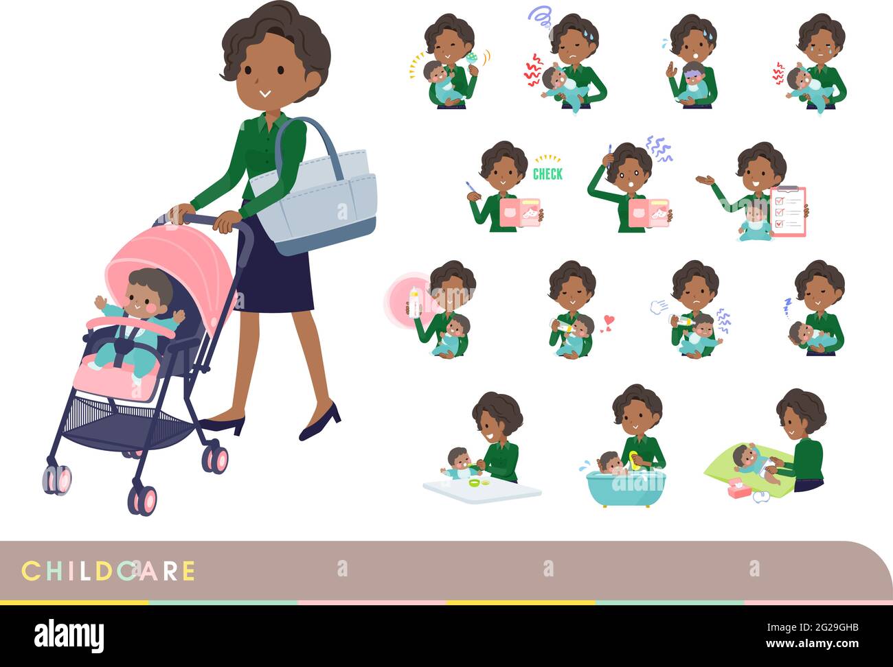 A set of Black business women who take care of their baby.It's vector art so easy to edit. Stock Vector