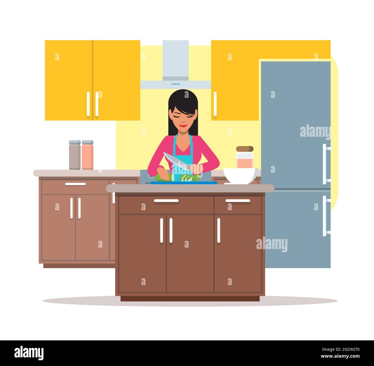Vector illustration of woman cooking salad, slicing cucumber, flat design Stock Vector