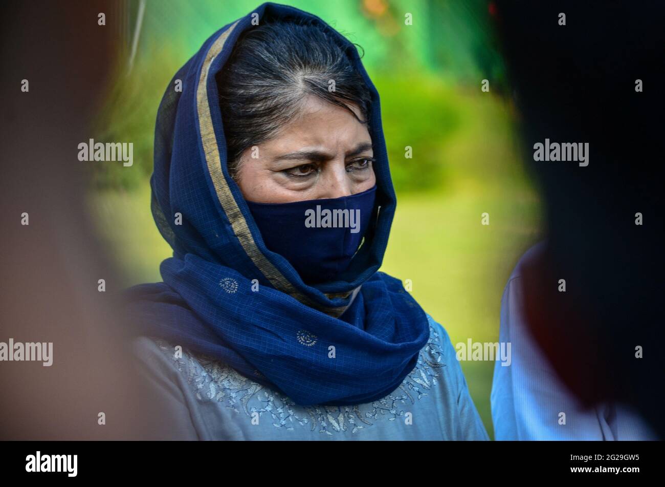 Srinagar, India. 09th June, 2021. Former Chief Minister of Jammu and Kashmir, Mehbooba Mufti looks on during a press conference after a meeting with political leaders in Srinagar.As the speculations regarding further bifurcation of Jammu and Kashmir are rife, the “crucial” meeting of Peoples Alliance for Gupkar Declaration (PAGD) commenced at the former chief minister and Peoples Democratic Party (PDP) Chief, Mehbooba Mufti's Gupkar residence. (Photo by Saqib Majeed/SOPA Images/Sipa USA) Credit: Sipa USA/Alamy Live News Stock Photo