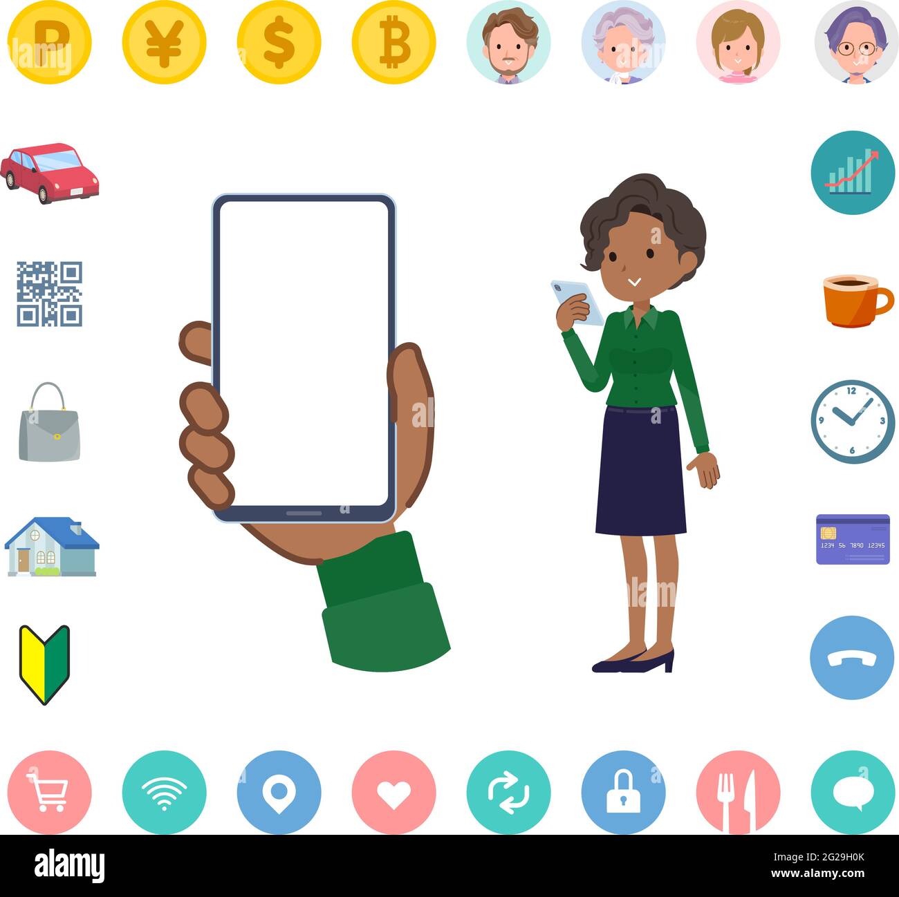 A set of Black business women looking at a smartphone screen.It's vector art so easy to edit.The inside of the screen is transparent, so it is easy to Stock Vector
