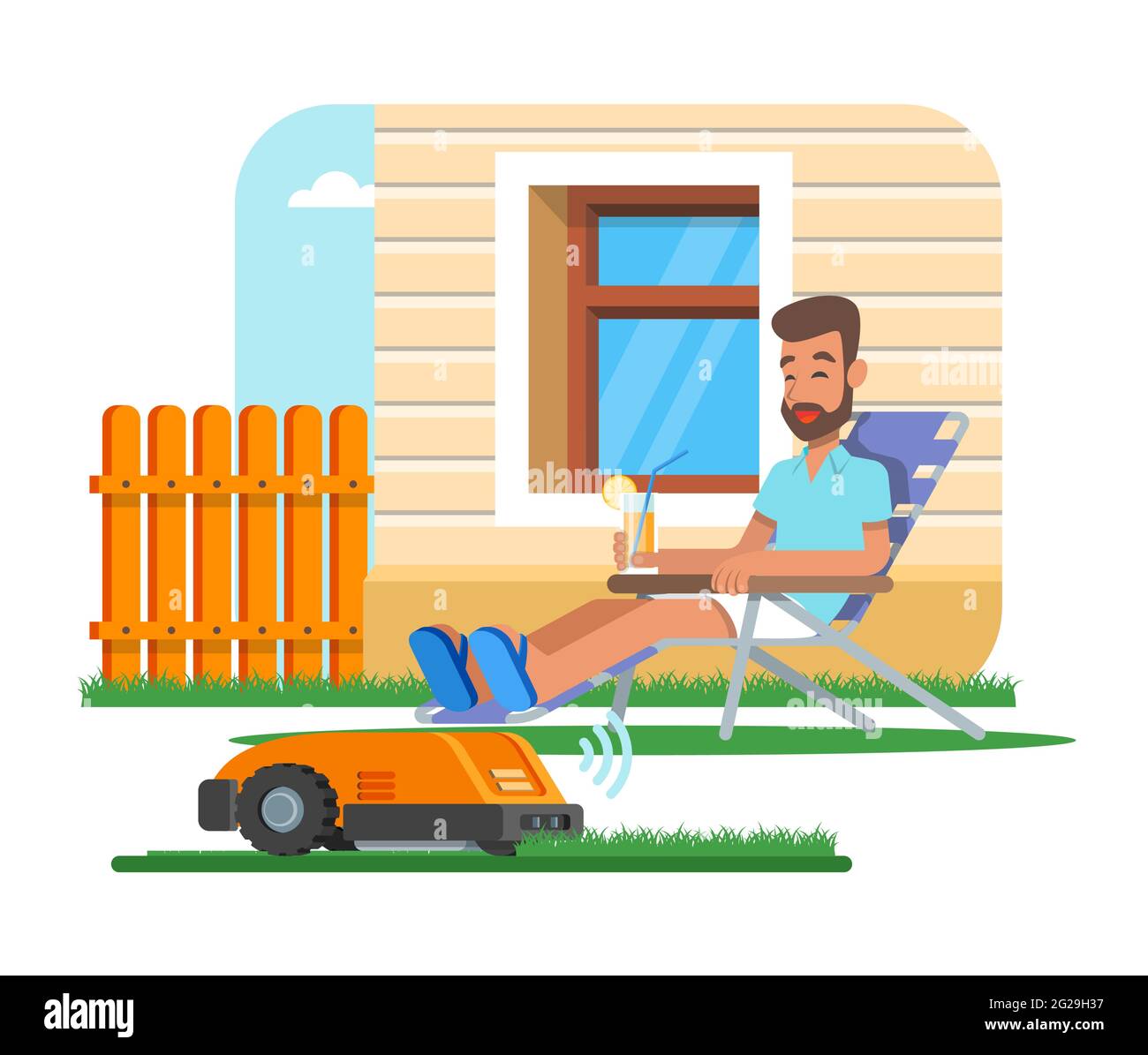 Vector illustration of home robot trimming lawn, man having rest Stock Vector