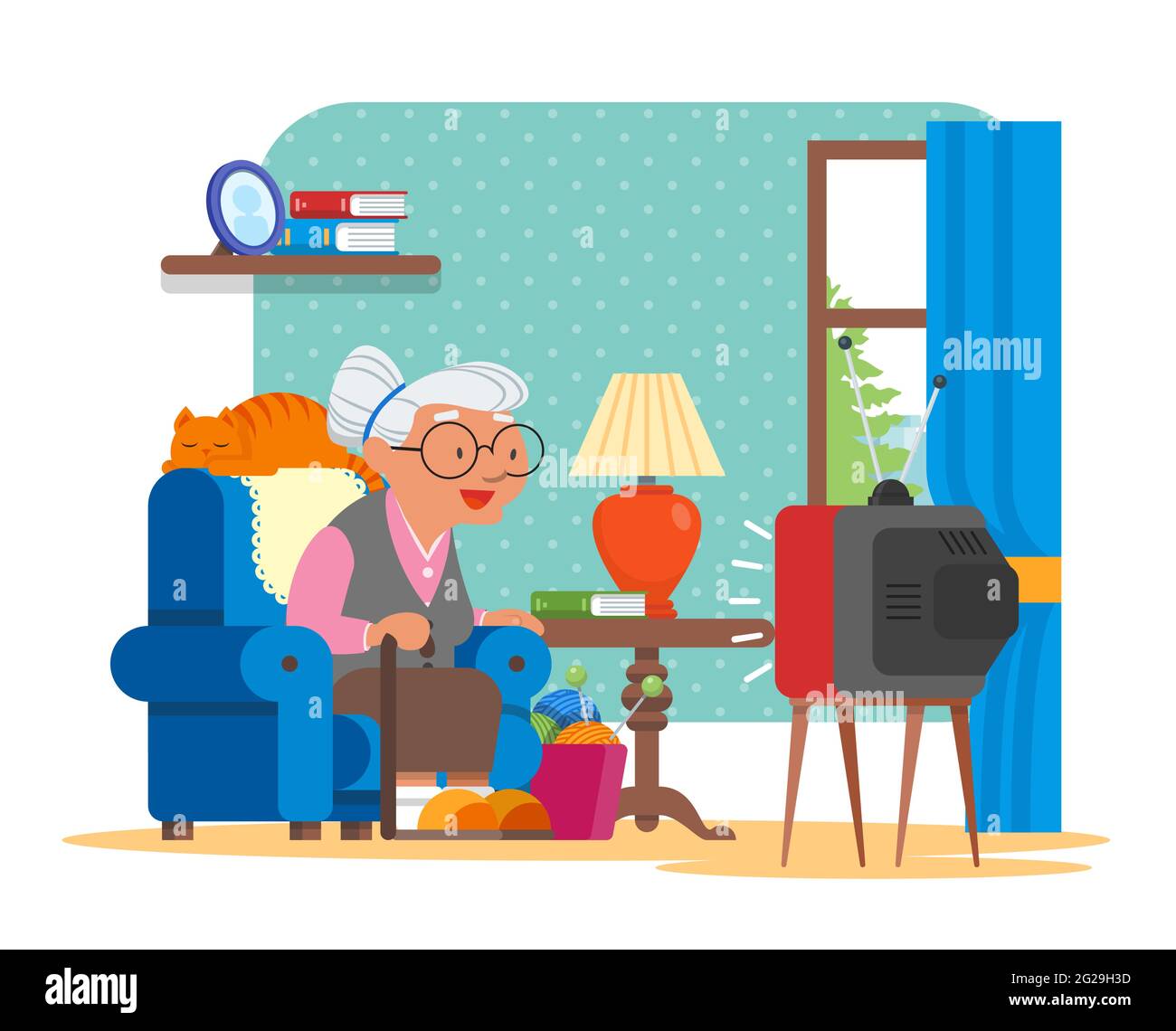 Vector illustration of grandmother sitting in armchair and watching TV Stock Vector