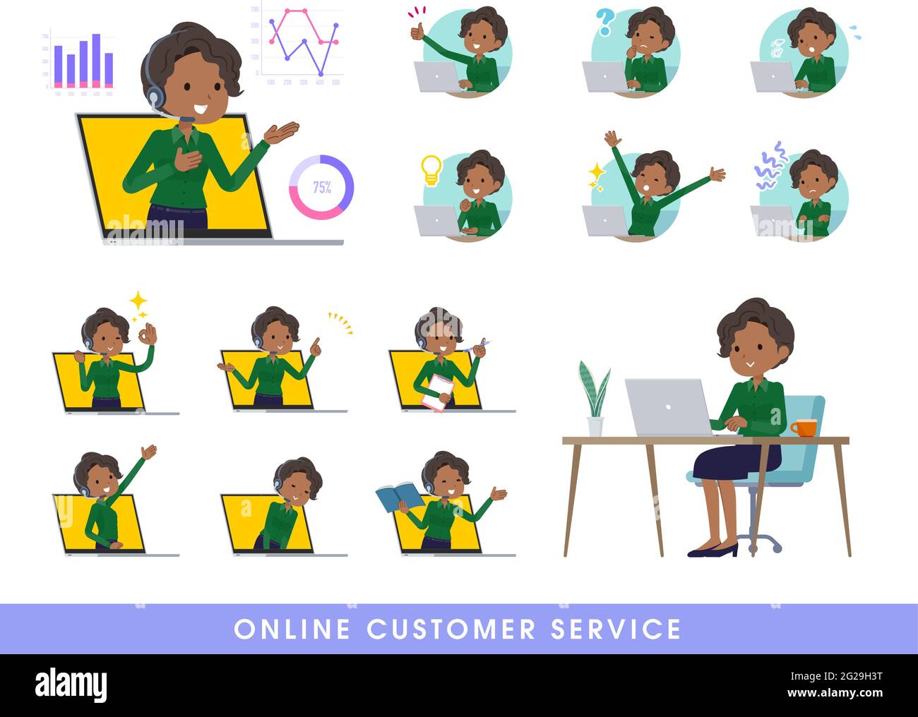 A set of Black business women serving customers online.It's vector art so easy to edit. Stock Vector