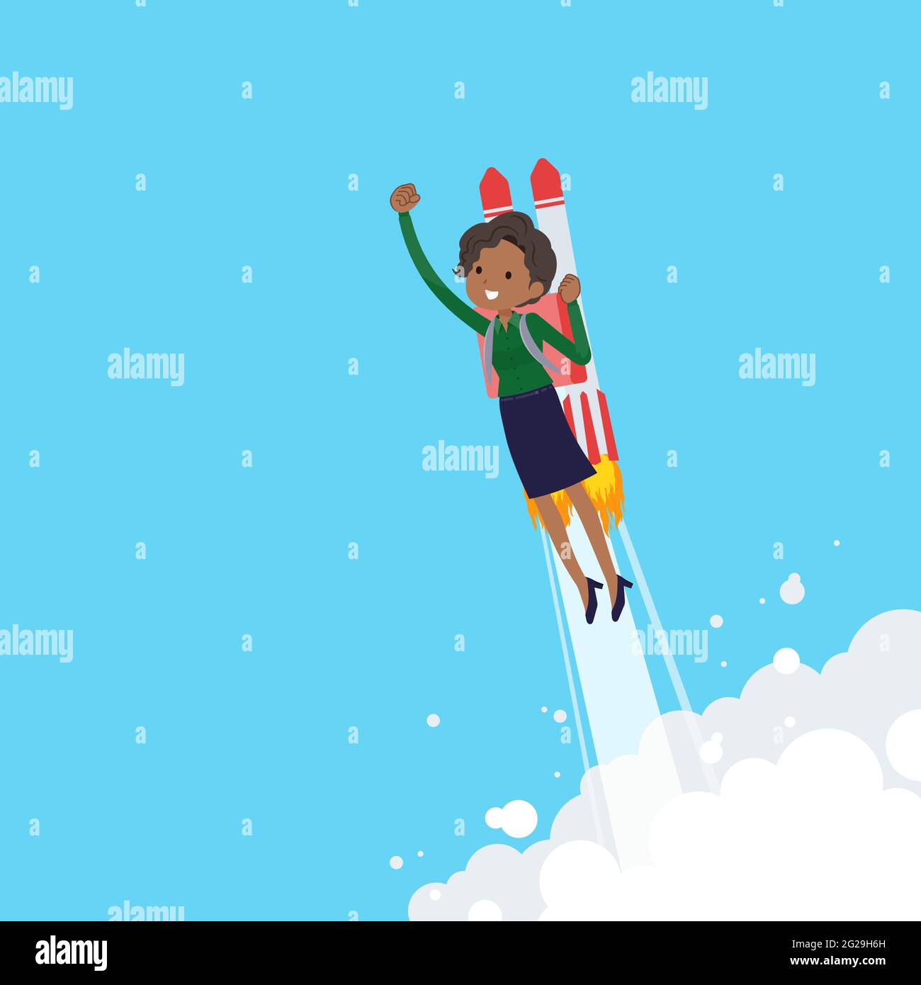 A set of Black business women taking off with a rocket jet.It's vector art so easy to edit. Stock Vector