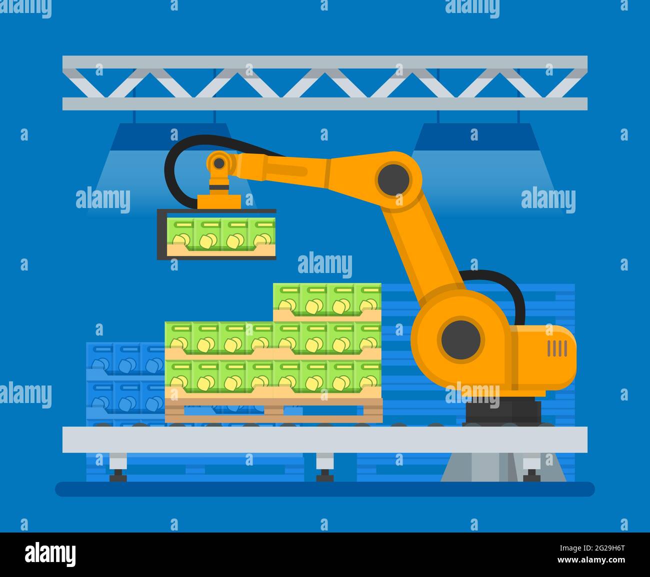 Vector illustration of industrial robots for palletizing food products Stock Vector