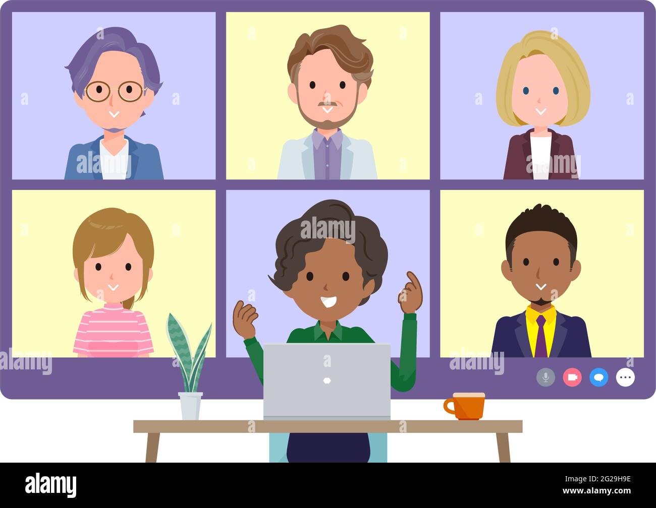 A set of Black business women having an online meeting with multiple people. Front angle.It's vector art so easy to edit. Stock Vector