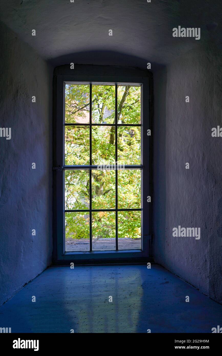 Old wooden frame and broken glass window on an old building for ...