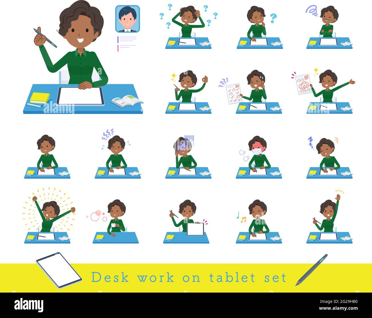 A set of Black business women studying on a tablet device.It's vector art so easy to edit. Stock Vector
