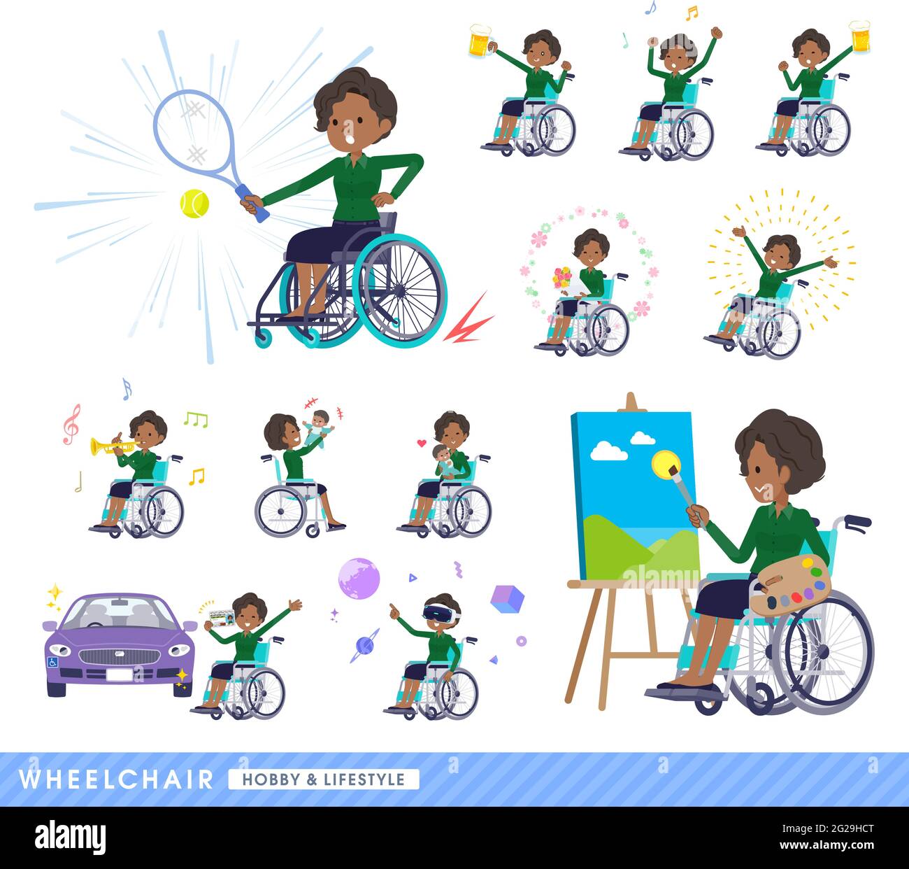 A set of Black business women in a wheelchair.About hobbies and lifestyle.It's vector art so easy to edit. Stock Vector
