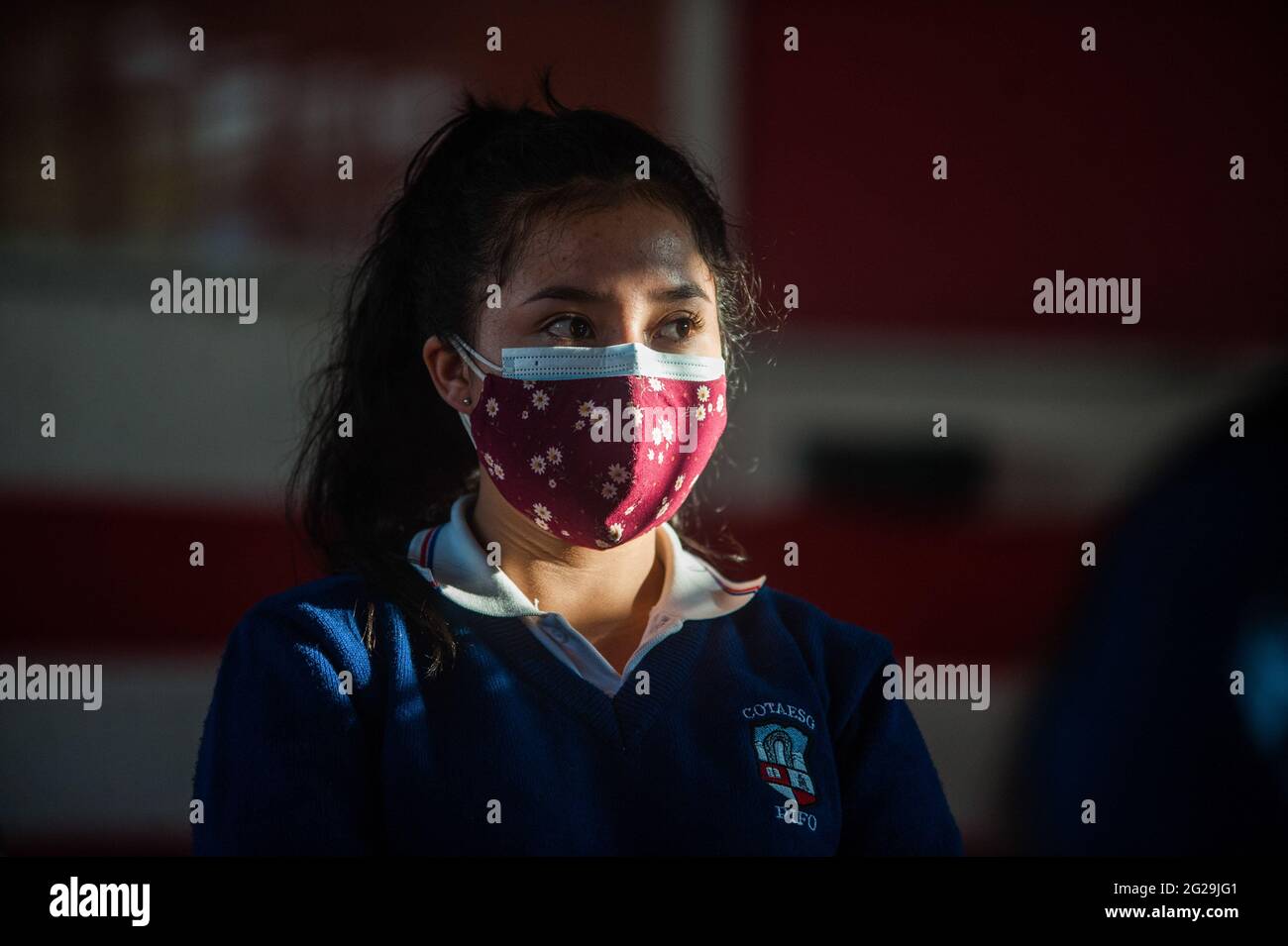 A student wearing a face mask sits in a classroom at the Agricultural Technical School Eduardo Salazar Gomez. Ecuador authorized the return to voluntary classes in private and Fiscal institutions, this is the case of the Agricultural Technical School Eduardo Salazar Gomez in the Pifo parish located in the Northwest of the Capital Quito, in this establishment around 43 students of 1st, 2nd grade have entered and 3rd of Baccalaureate in each classroom the total capacity is up to 12 students respecting social distance, this initiative responds to the need of many of these young people to be able Stock Photo