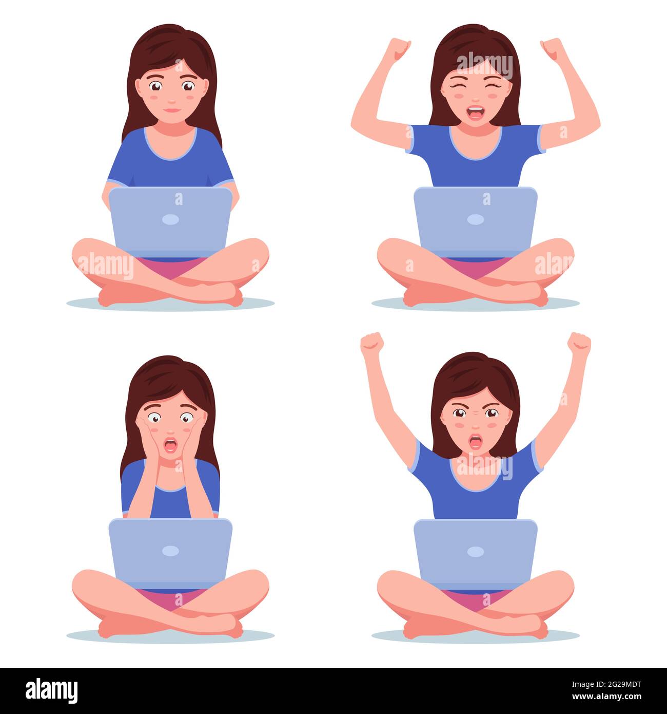 Girl sitting with a laptop. Set of young beautiful woman sitting cross-legged with her laptop with different facial expressions and emotions. Vector i Stock Vector