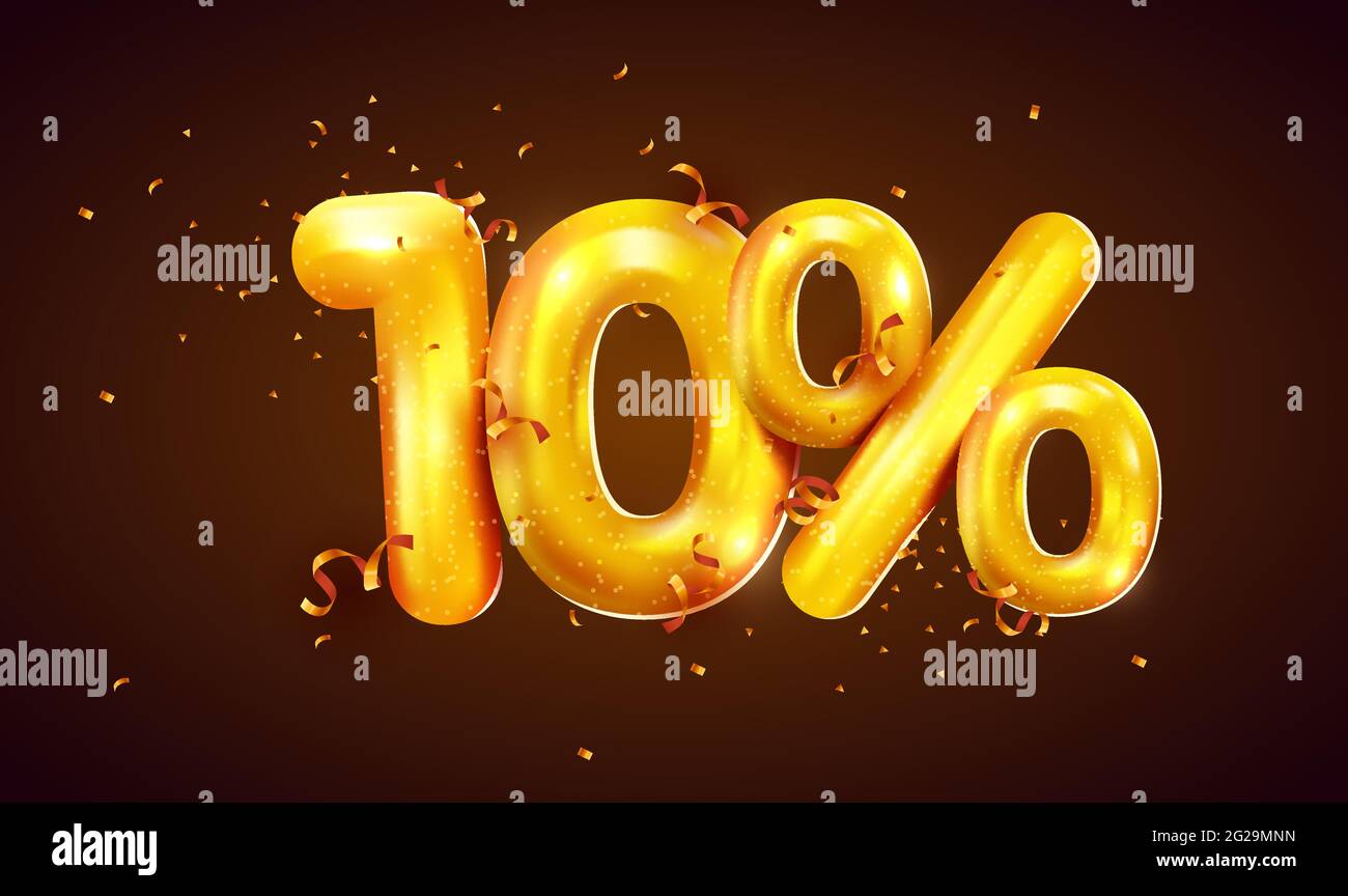 10 percent Off. Discount creative composition of golden balloons. 3d
