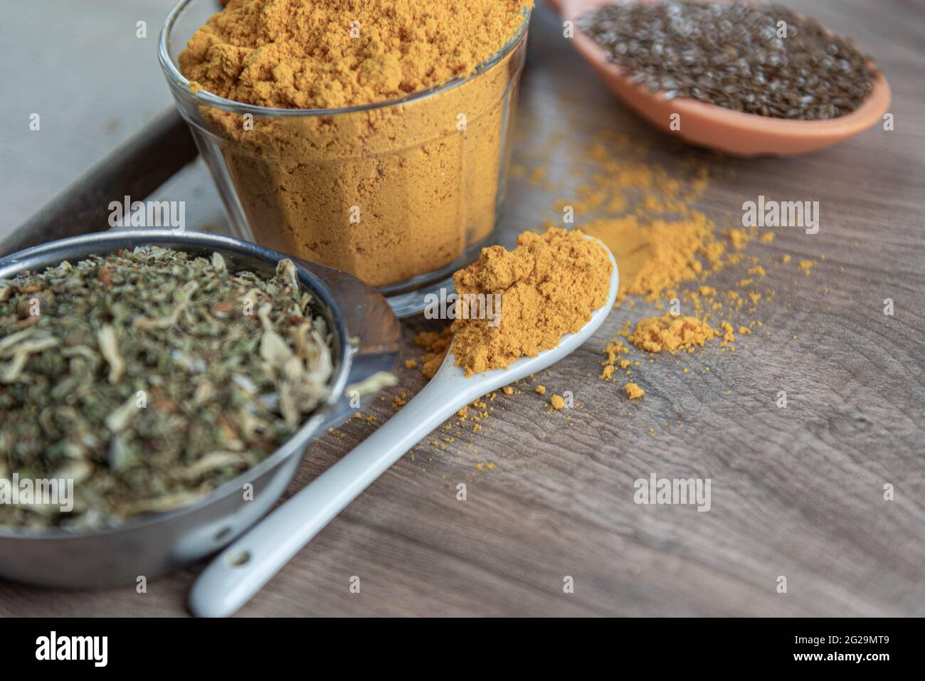 Various condiments for food preparation in selective focus. Brazilian ...
