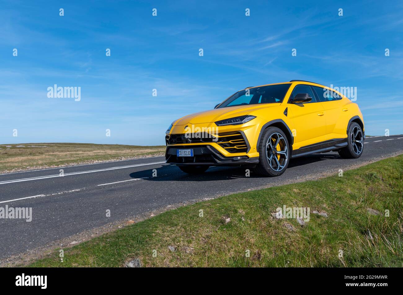 A Lamborghini Urus SUV photographed in the evening sunshine at Llangynidr, Powys, Wales, UK. Spec: 4 litre twin turbo V8 engine 0-62 mph 3.6 secs Top Stock Photo