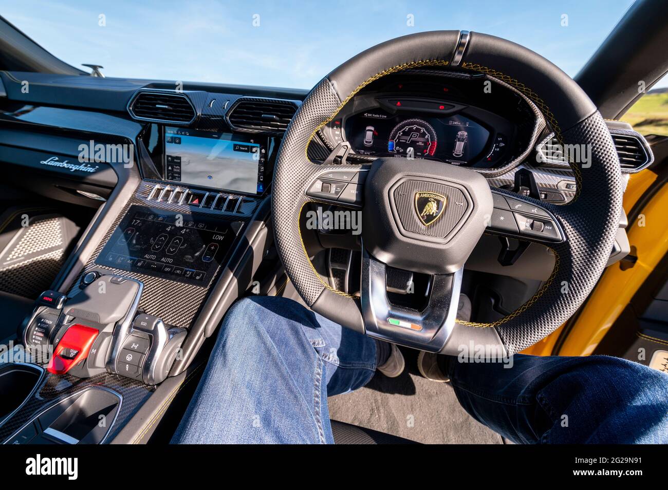 Interior of a Lamborghini Urus SUV photographed in the evening sunshine at Llangynidr, Powys, Wales, UK. Spec: 4 litre twin turbo V8 engine 0-62 mph 3 Stock Photo