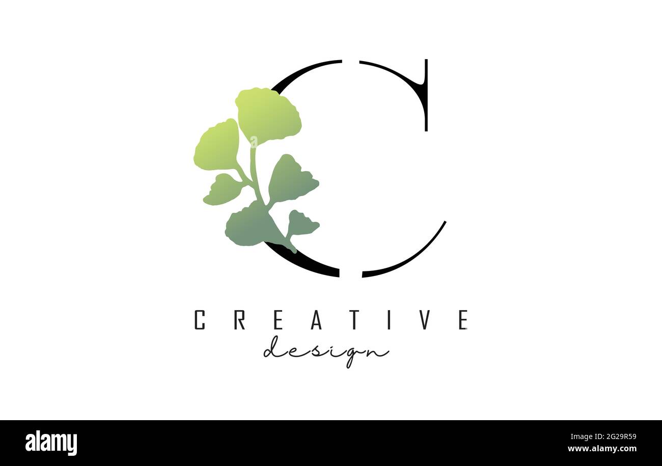 C Letter logo design with cut circle and green leaves. Vector ...