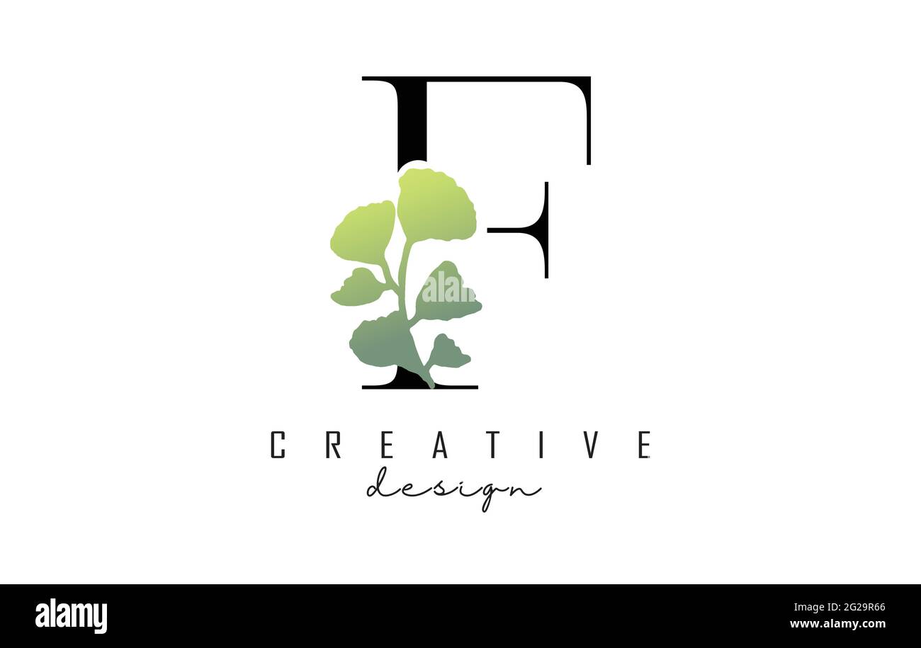 F Letter logo design with cut circle and green leaves. Vector ...