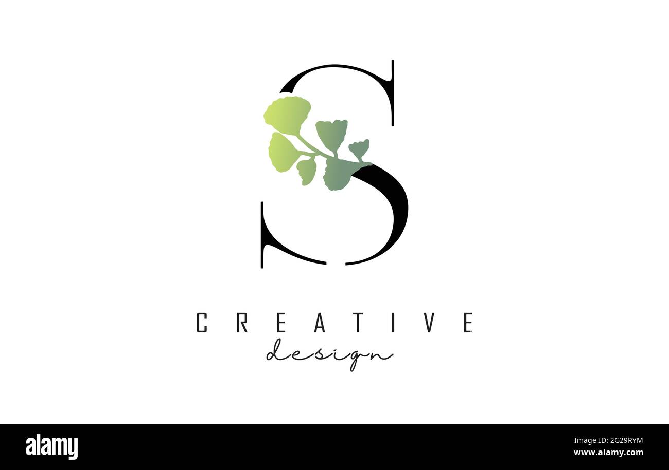 S Letter logo design with cut circle and green leaves. Vector ...