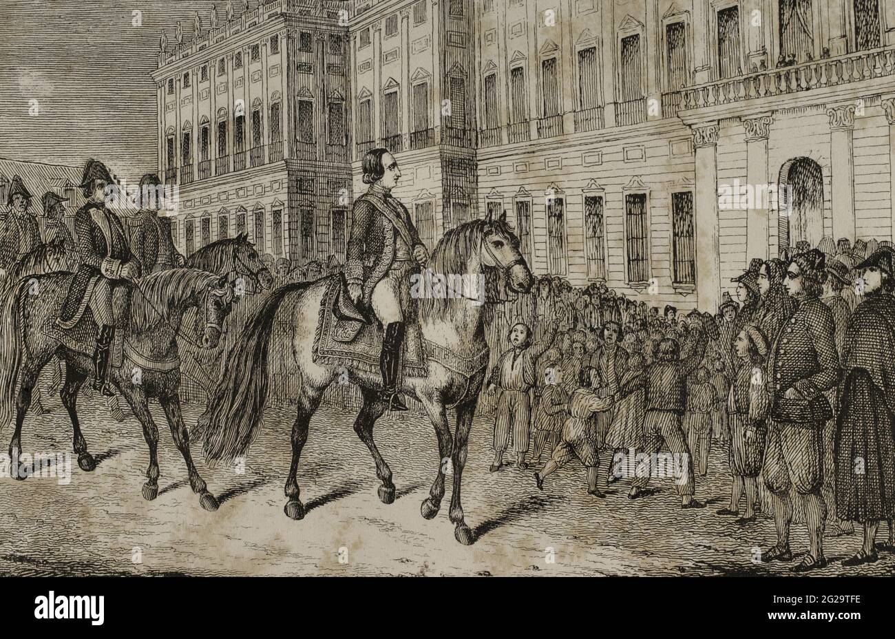 Reign of Charles IV of Spain. On 13 January 1807 the king appointed Manuel Godoy Admiral General of Spain and the Indies, with the title of Serene Highness. Godoy's entrance after his appointment. Engraving. Historia del Levantamiento, guerra y revolución de España by the Conde de Toreno. Madrid, 1851. Stock Photo