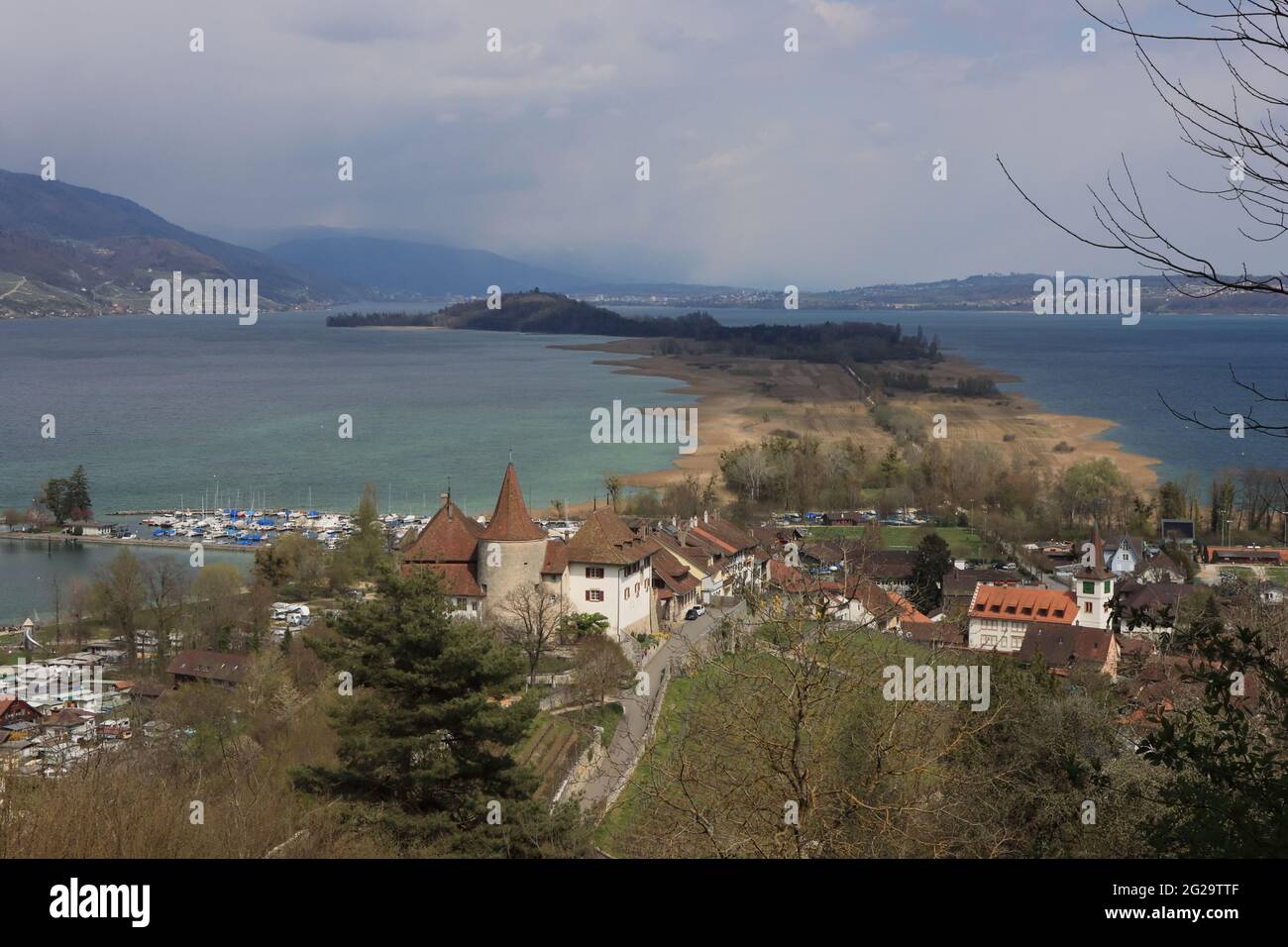 View from Jolimont to Erlach and Saint Peter's Island in the lake Biel. Stock Photo