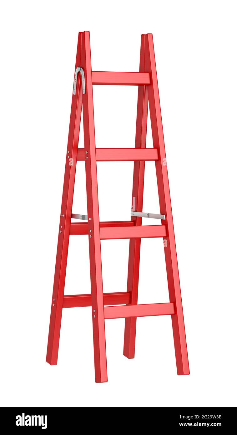Red double sided wooden ladder isolated on white background Stock Photo