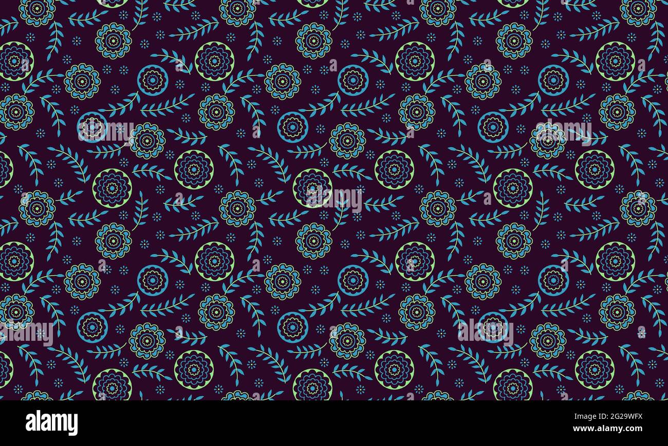 Seamless floral pattern with round flowers and leaves on stems in blue ...