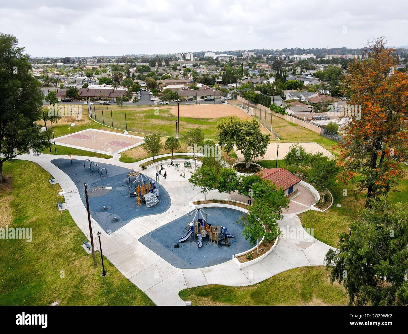 Aerial view of kid recreational park and baseball field, municipal park