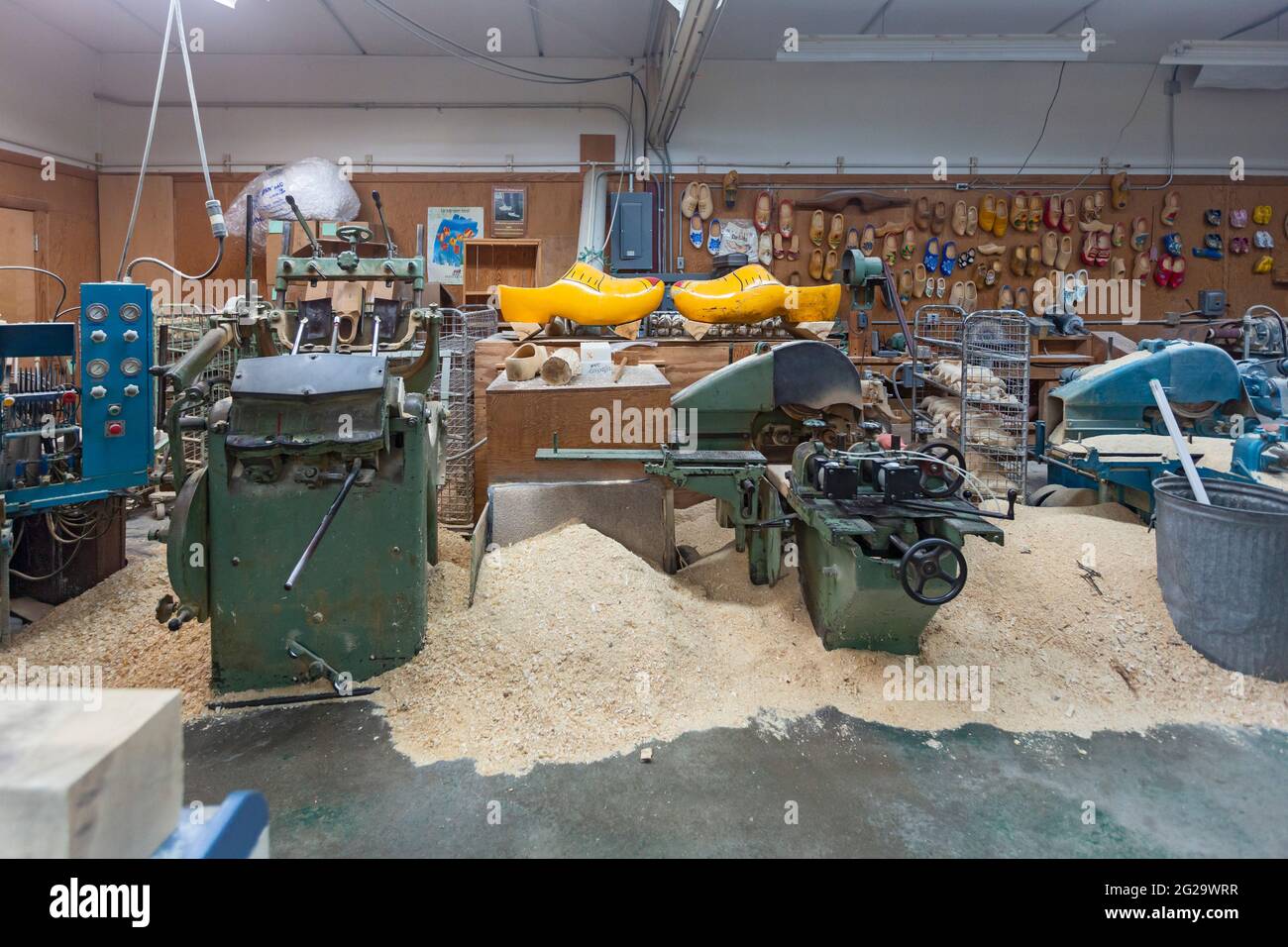Holland, Michigan - The wooden shoe workshop at the De Klomp Wooden Shoe and Delft Factory, part of the Veldheer Tulip Farm. The city's Dutch heritage Stock Photo