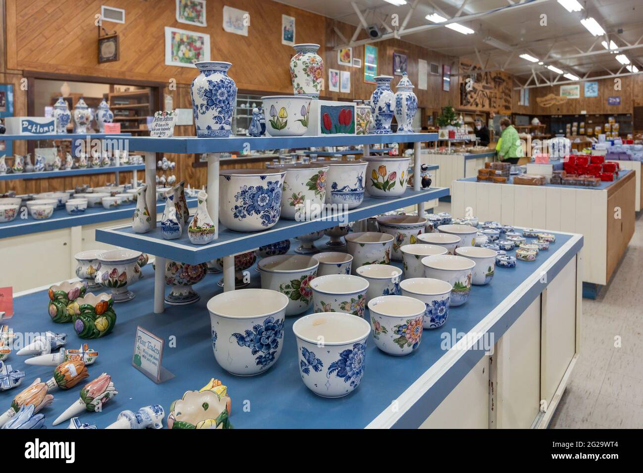 Holland, Michigan - Delftware on sale at the De Klomp Wooden Shoe and Delft Factory, part of the Veldheer Tulip Farm. The city's Dutch heritage is on Stock Photo