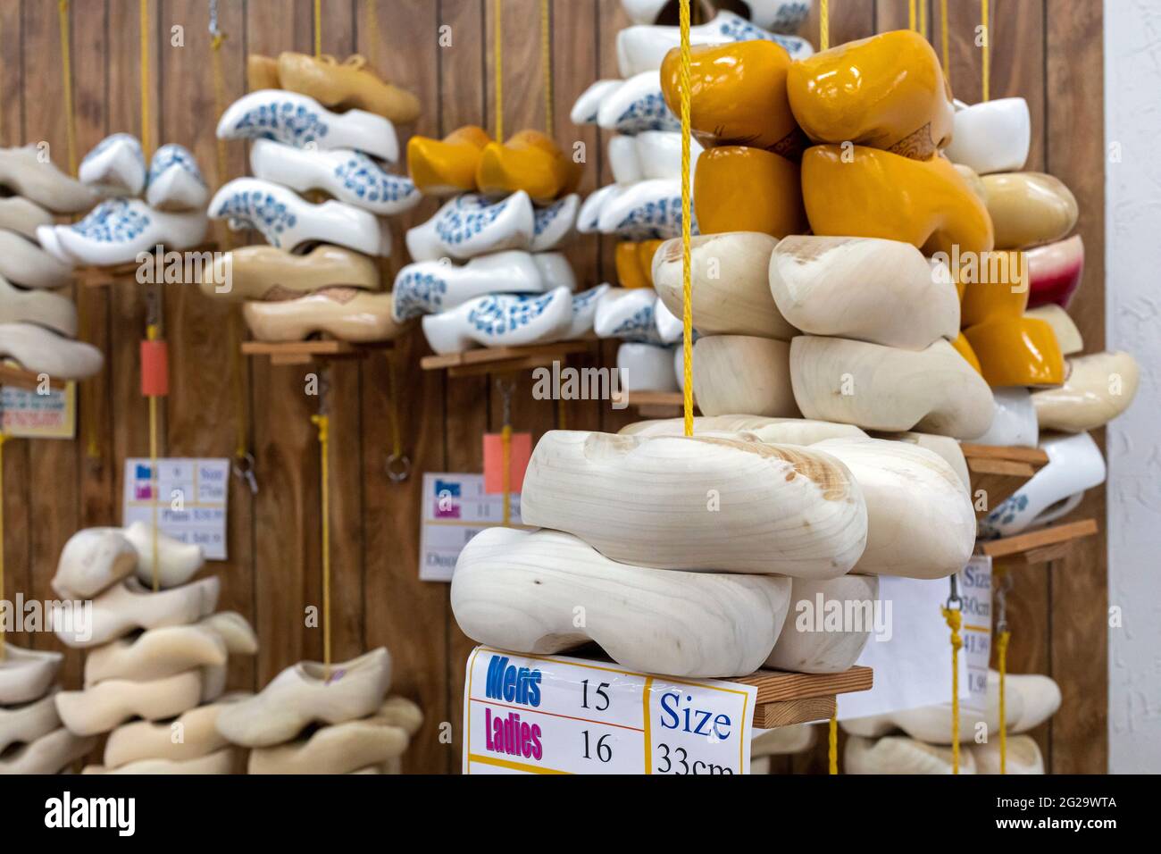 Holland, Michigan - Wooden shoes on sale at the De Klomp Wooden Shoe and Delft Factory, part of the Veldheer Tulip Farm. The city's Dutch heritage is Stock Photo