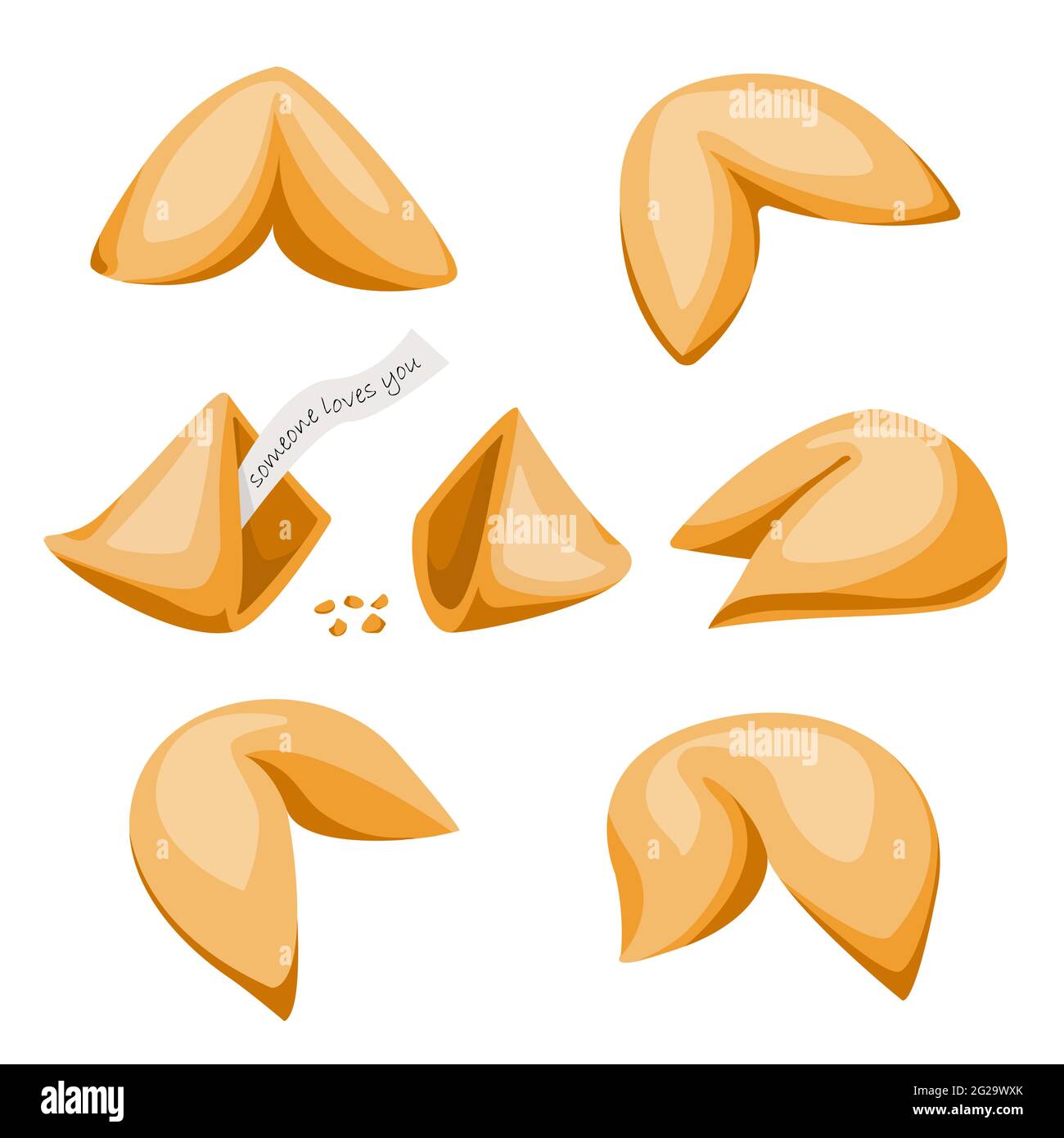 Food Vector Set. Sweet Pastries. Chinese fortune cookies and crushed. Fortune cookie with note inside Stock Vector