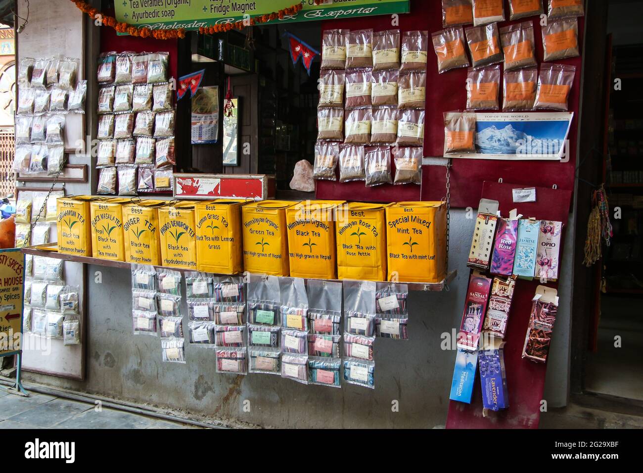 View of the front of a shop selling tea in Kathmandu, Nepal. They sell