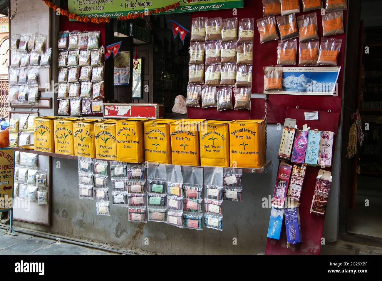 View of the front of a shop selling tea in Kathmandu, Nepal. They sell a wide variety of tea from Nepal, India and China. Stock Photo
