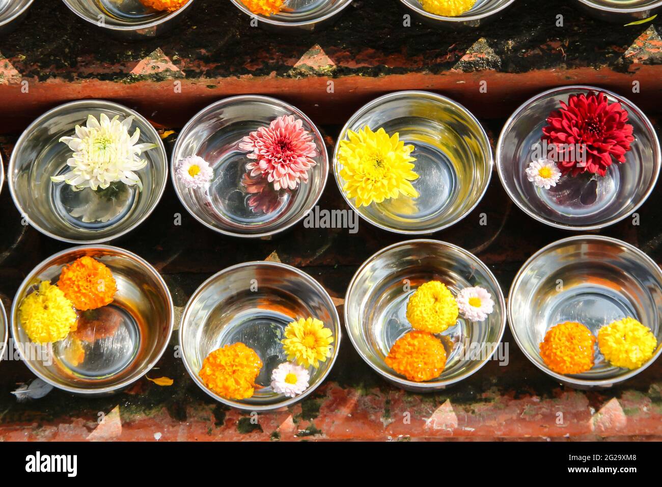 Silver bowls filled with water contain flower blossoms outside the