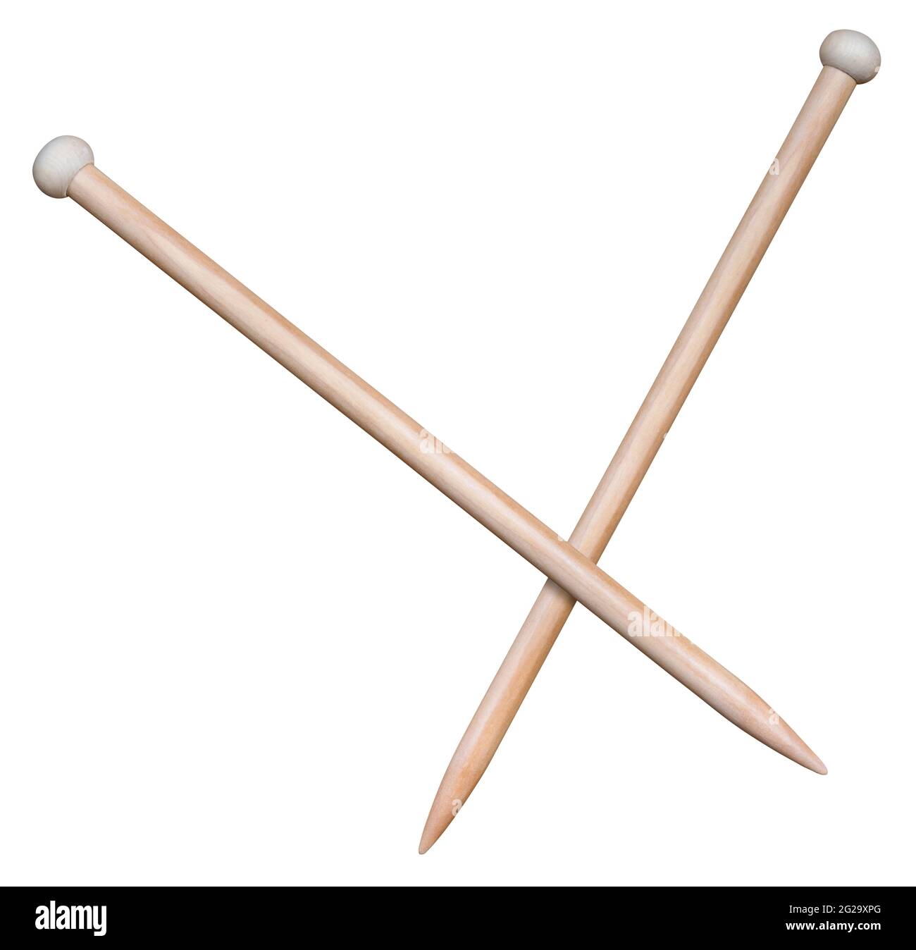 A Pair Of Wooden Knitting Needles, Isolated On A White Background Stock Photo