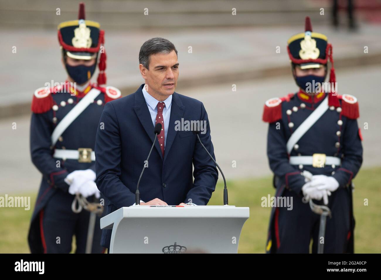 Prime Minister of Spain Pedro Sanchez speaks at a press conference after  his counterpart Alberto Fernandez from Argentina received him at the  Argentine Government House. After an extensive meeting, they held a