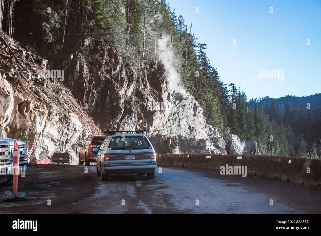 Kennedy Hill, Canada - December 11, 2020:Road construction due to A major upgrade to Highway 4 at Kennedy Hill northeast of the Tofino Stock Photo