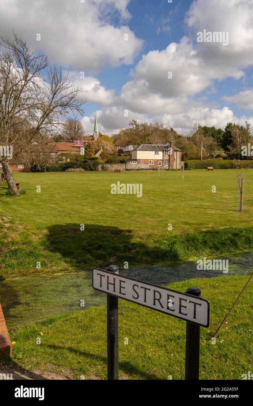 The Street and playing fields on the village green Barham Kent. Stock Photo