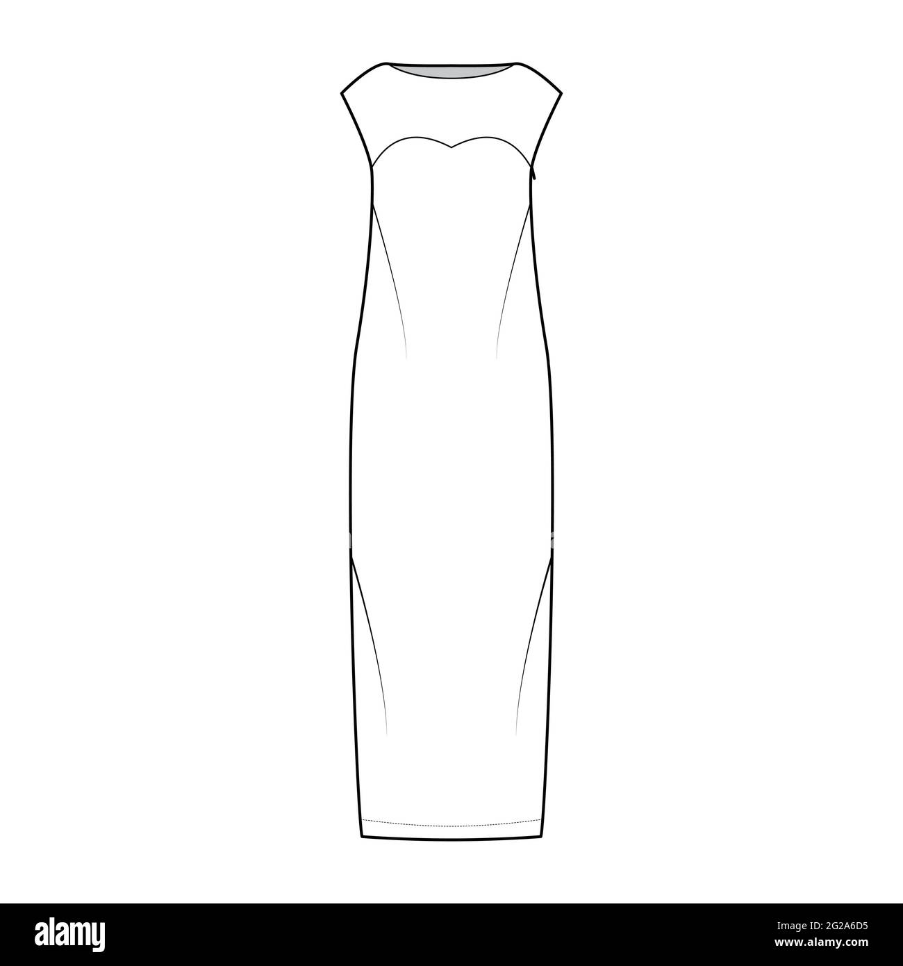 Dress column technical fashion illustration with long sleeves, sleeveless, fitted body, floor maxi length pencil skirt. Flat evening apparel front, white color style. Women, men unisex CAD mockup Stock Vector