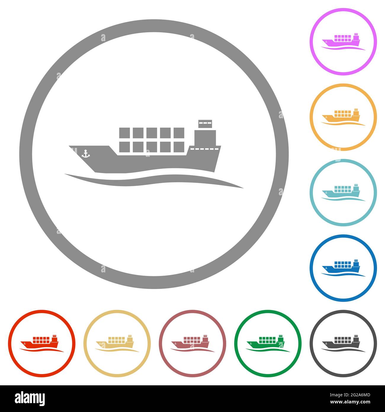 Freighter with wave flat color icons in round outlines on white ...